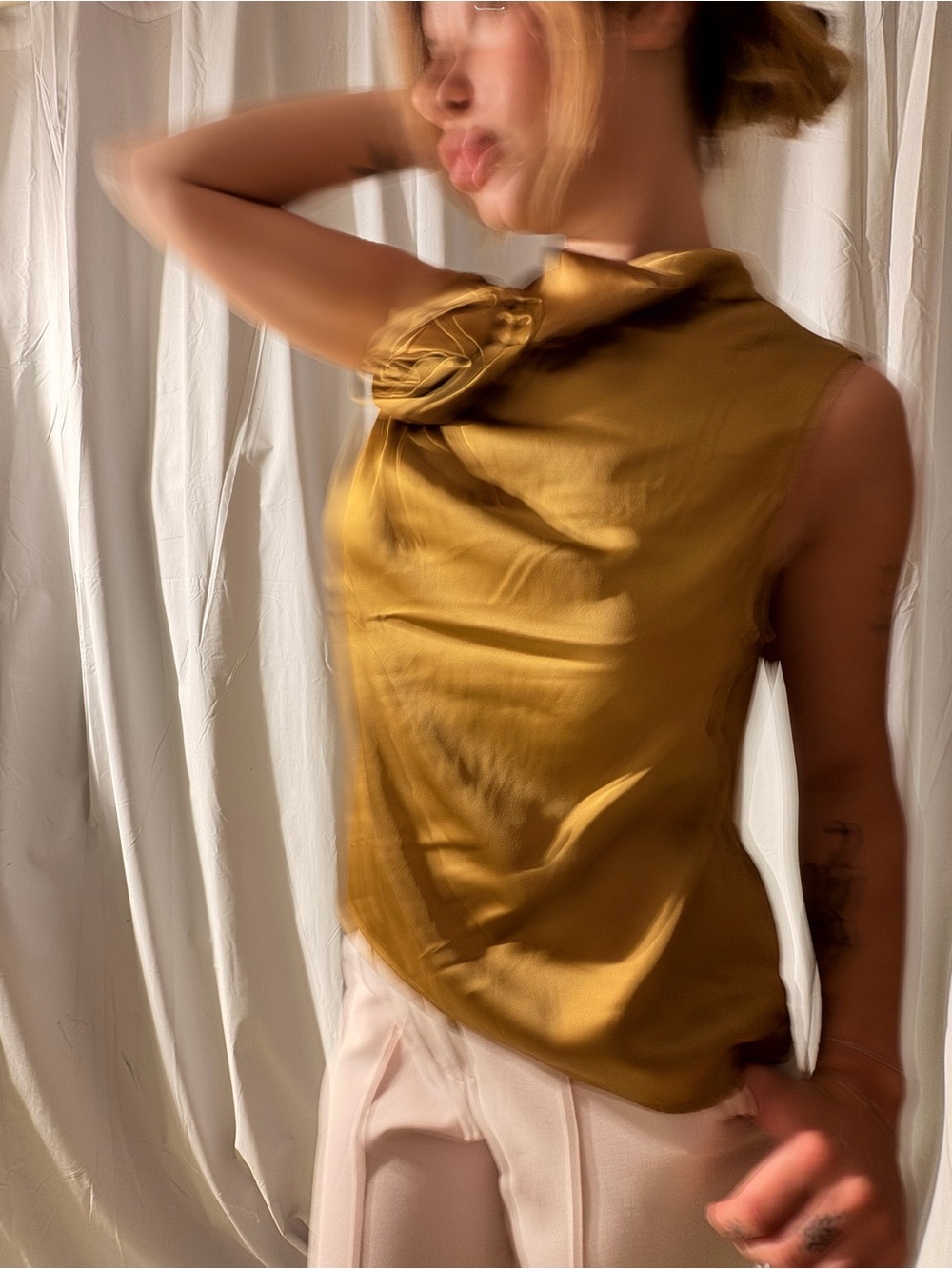 Gold Satin Cowl Flower High Neck Tank Top